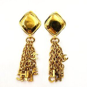 Chanel Vintage Gold Plated Argyle Letter Chain Dangle Clip on Earrings